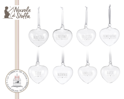Ornamento per l'albero di Natale a forma di cuore in vetro con scritte di Nuvole di Stoffa