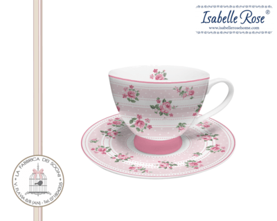 Tazza con piattino in porcellana della linea Bella di Isabelle Rose, con strisce e fiori rosa